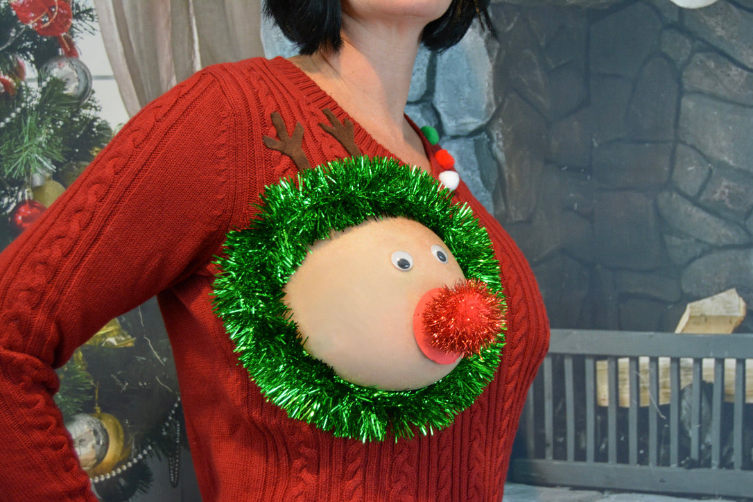Sexy Ugly Christmas Sweater, reindeer boob, it is NOT A PLASTIC boob, cut out, see details, boob, breast, jumper, reindeer boob, multi versions