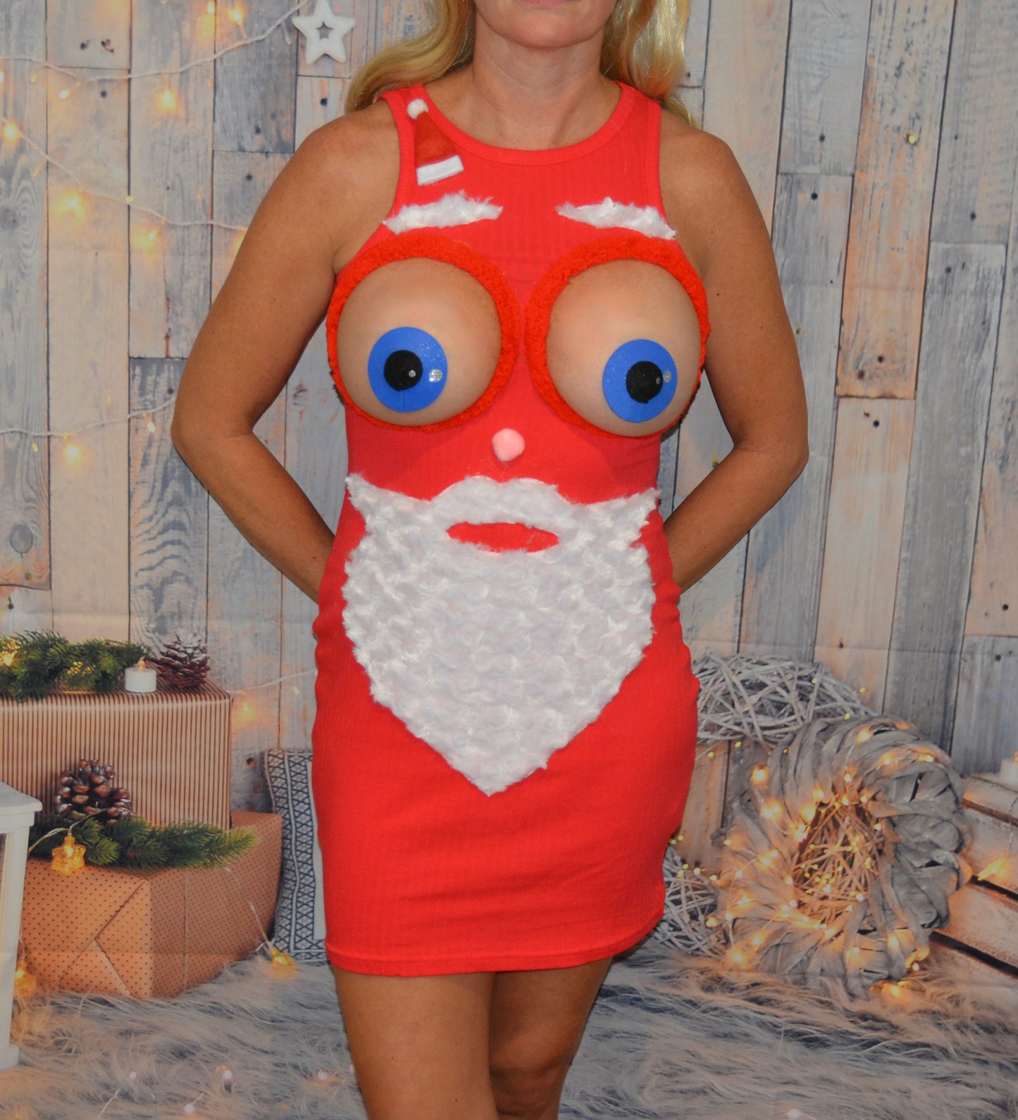 Santa face, sexy ugly Christmas Sweater, bug eyed santa, Made for your bare breasts, boob eyes, see details, breast, dress, multi versions