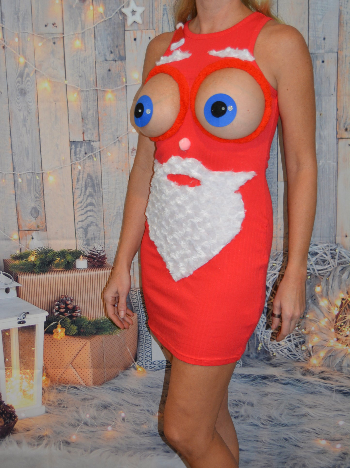Santa face, sexy ugly Christmas Sweater, bug eyed santa, Made for your bare breasts, boob eyes, see details, breast, dress, multi versions