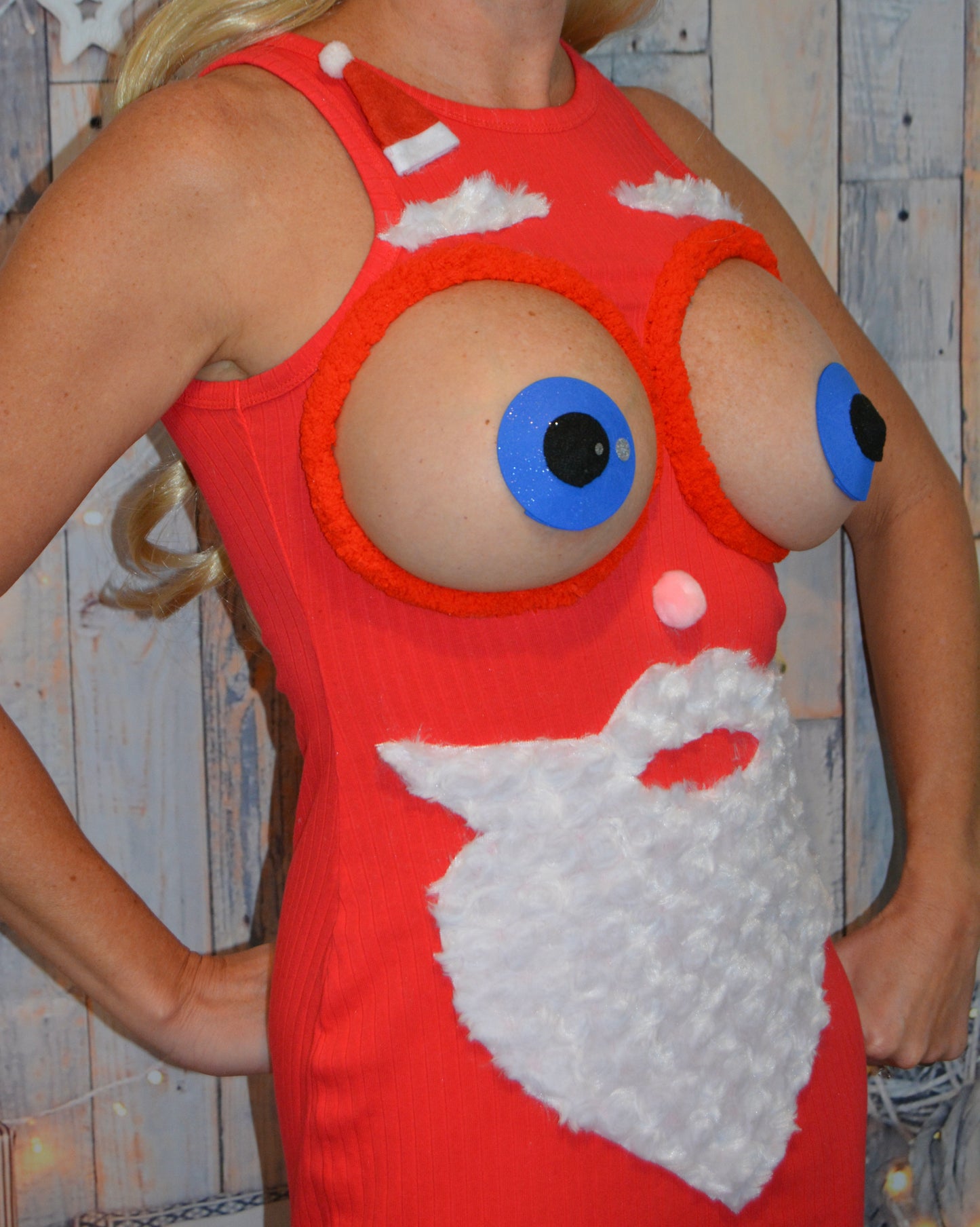 Santa face, sexy ugly Christmas Sweater, bug eyed santa, Made for your bare breasts, boob eyes, see details, breast, dress, multi versions