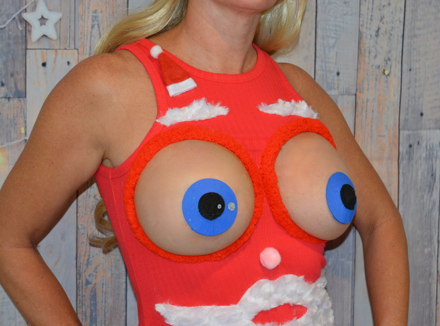 Santa face, sexy ugly Christmas Sweater, bug eyed santa, Made for your bare breasts, boob eyes, see details, breast, dress, multi versions