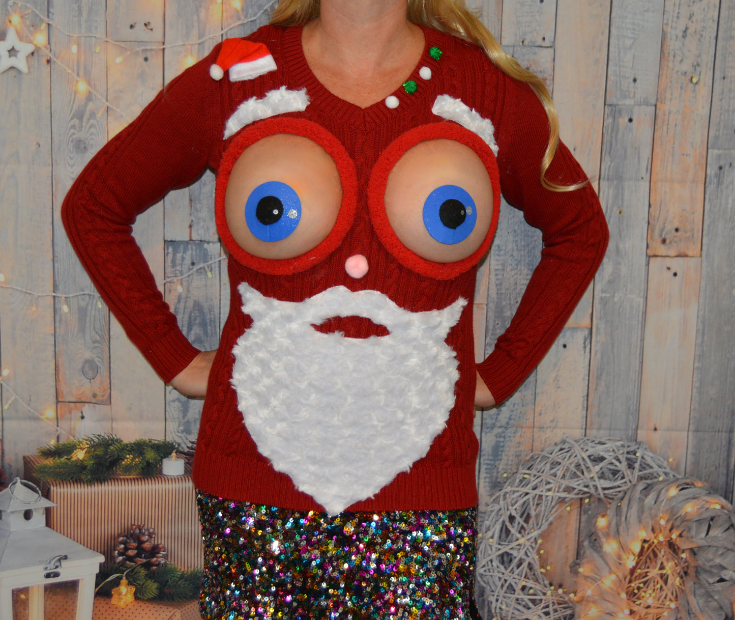 Santa face, sexy ugly Christmas Sweater, bug eyed santa, Made for your bare breasts, boob eyes, see details, breast, dress, multi versions