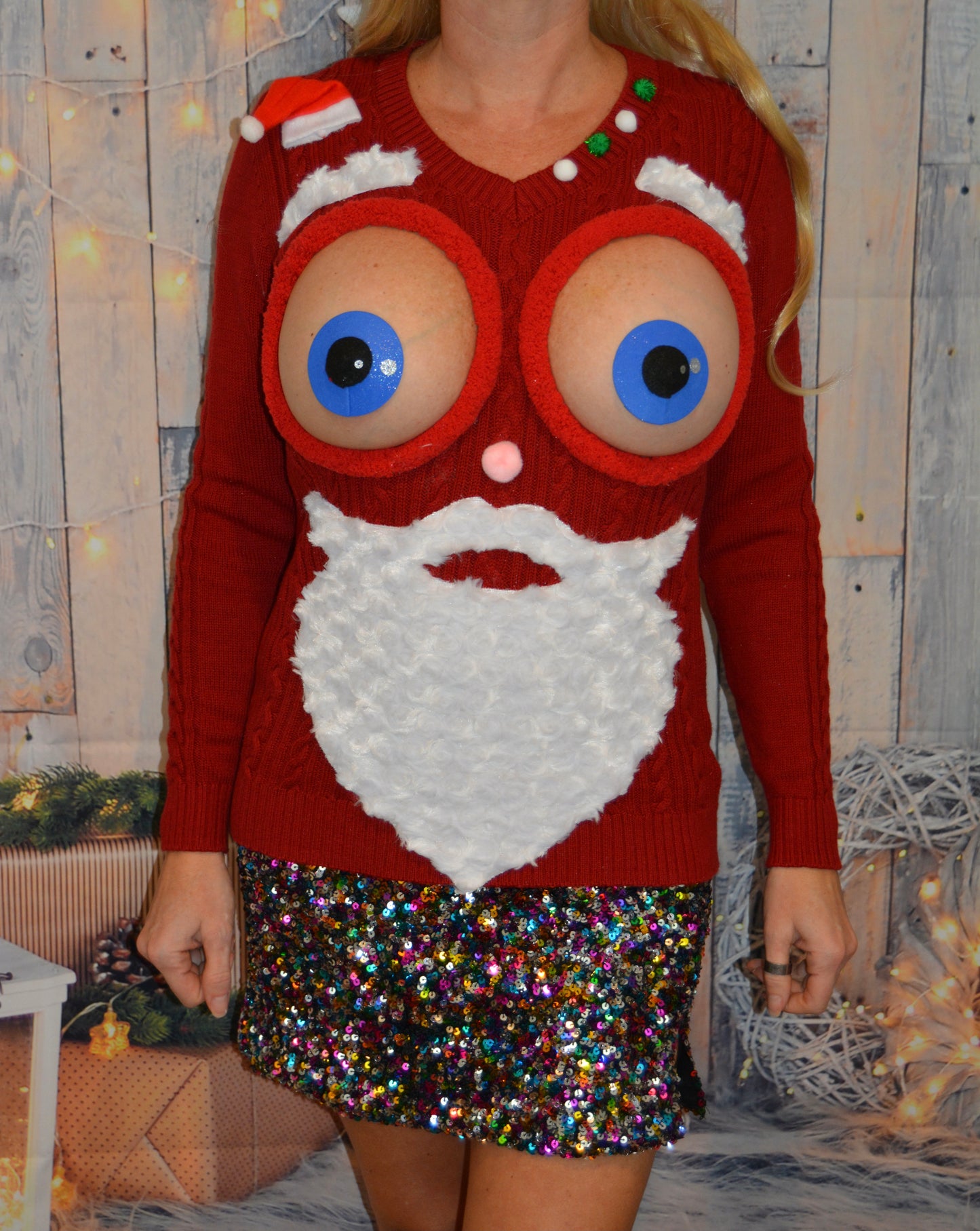 Santa face, sexy ugly Christmas Sweater, bug eyed santa, Made for your bare breasts, boob eyes, see details, breast, dress, multi versions