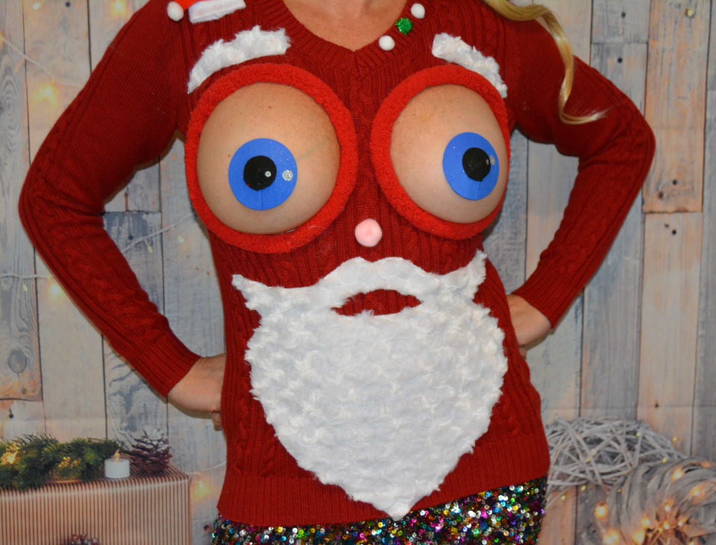 Santa face, sexy ugly Christmas Sweater, bug eyed santa, Made for your bare breasts, boob eyes, see details, breast, dress, multi versions