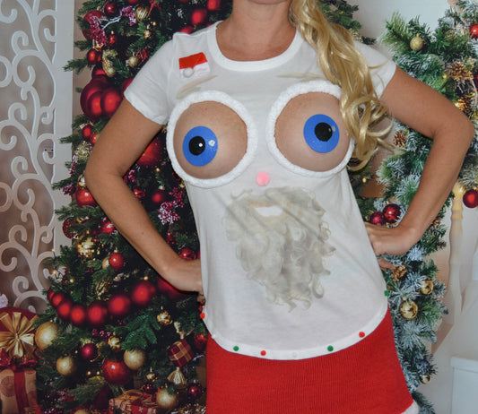 Santa face, sexy, ugly Christmas Sweater, t-shirt, bug eyed santa, Made for your bare breasts, boob eyes, see details, breast, boob eyes,