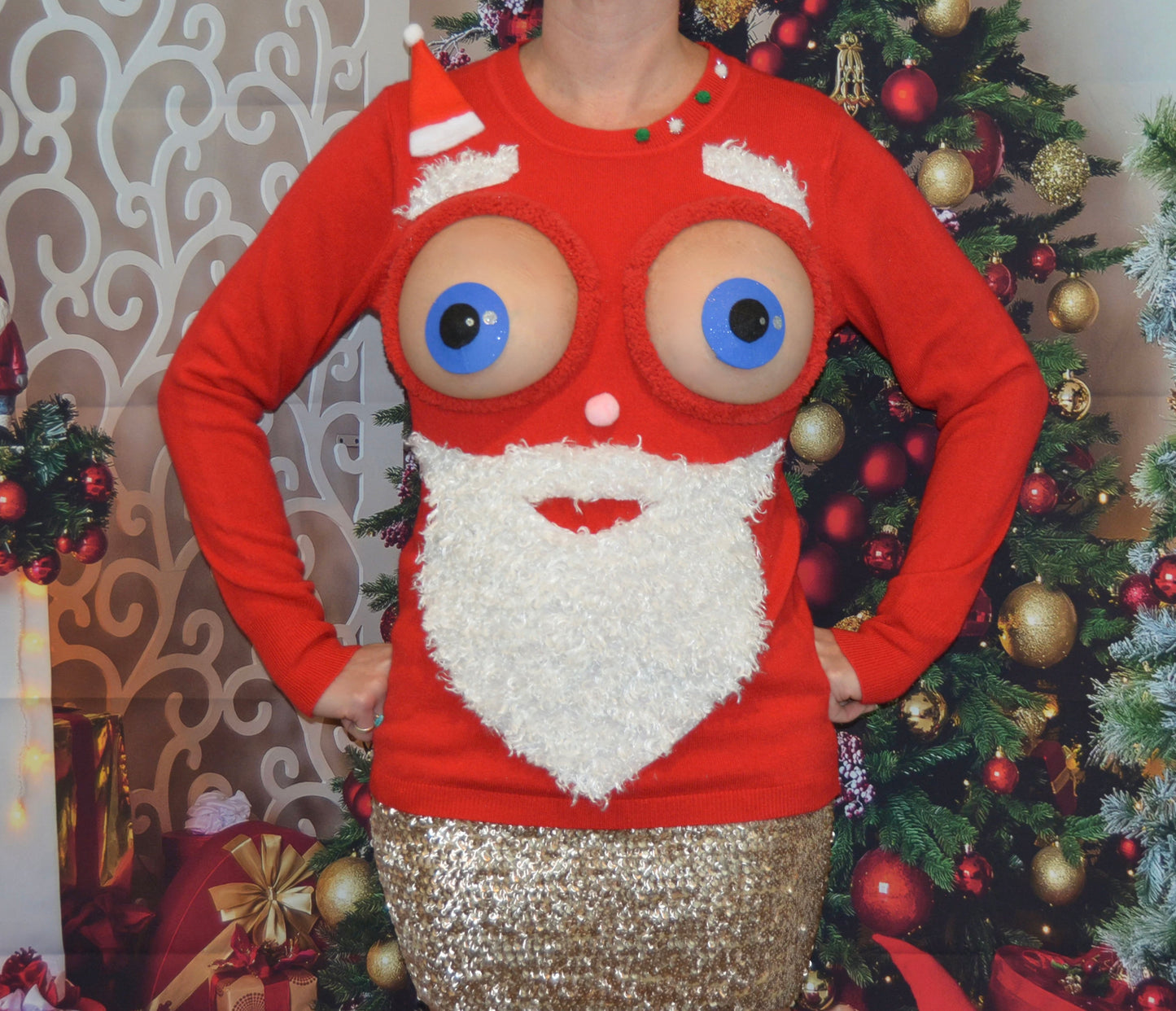 Santa face, sexy ugly Christmas Sweater, bug eyed santa, Made for your bare breasts, boob eyes, see details, breast, dress, multi versions