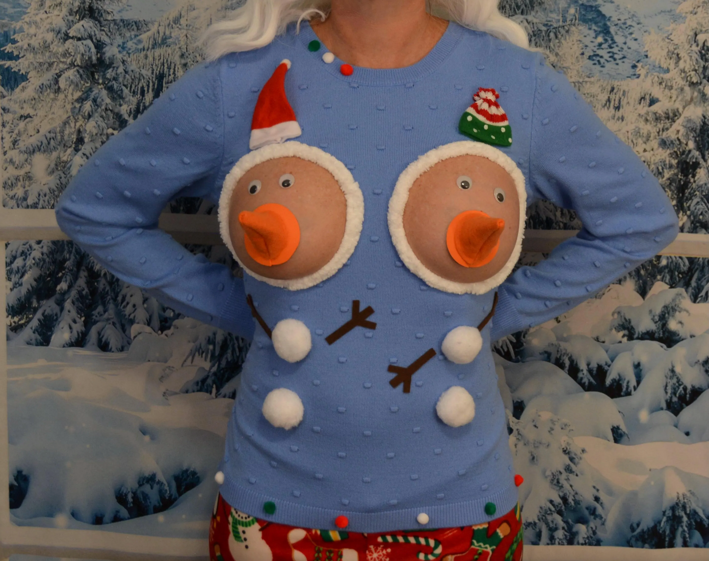 Snowman boobs, Sexy Ugly Christmas Sweater, They are NOT PLASTIC boobs, boob, breast, jumper, cut out, snowman nipple, halloween costume
