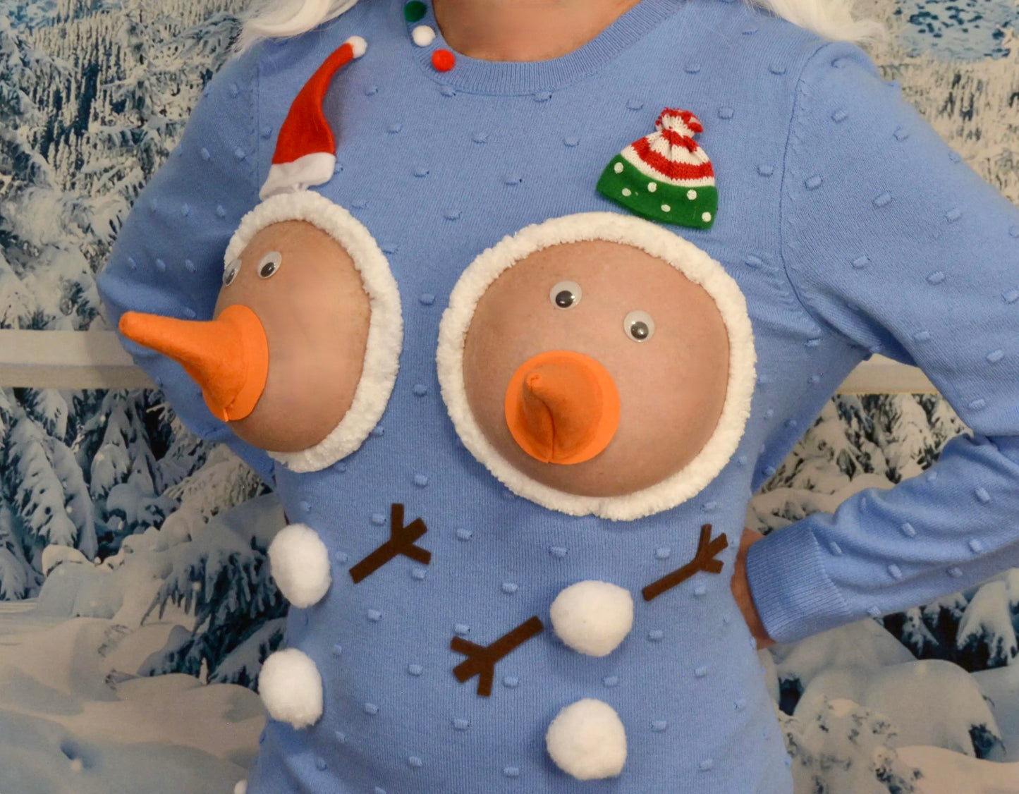 Snowman boobs, Sexy Ugly Christmas Sweater, They are NOT PLASTIC boobs, boob, breast, jumper, cut out, snowman nipple, halloween costume