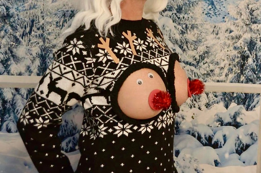 Sexy Ugly Christmas Sweater dress, it is NOT A PLASTIC boob, cut out, see details, boob, breast, jumper, reindeer boob, multi size, fun