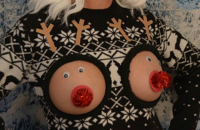 Sexy Ugly Christmas Sweater dress, it is NOT A PLASTIC boob, cut out, see details, boob, breast, jumper, reindeer boob, multi size, fun