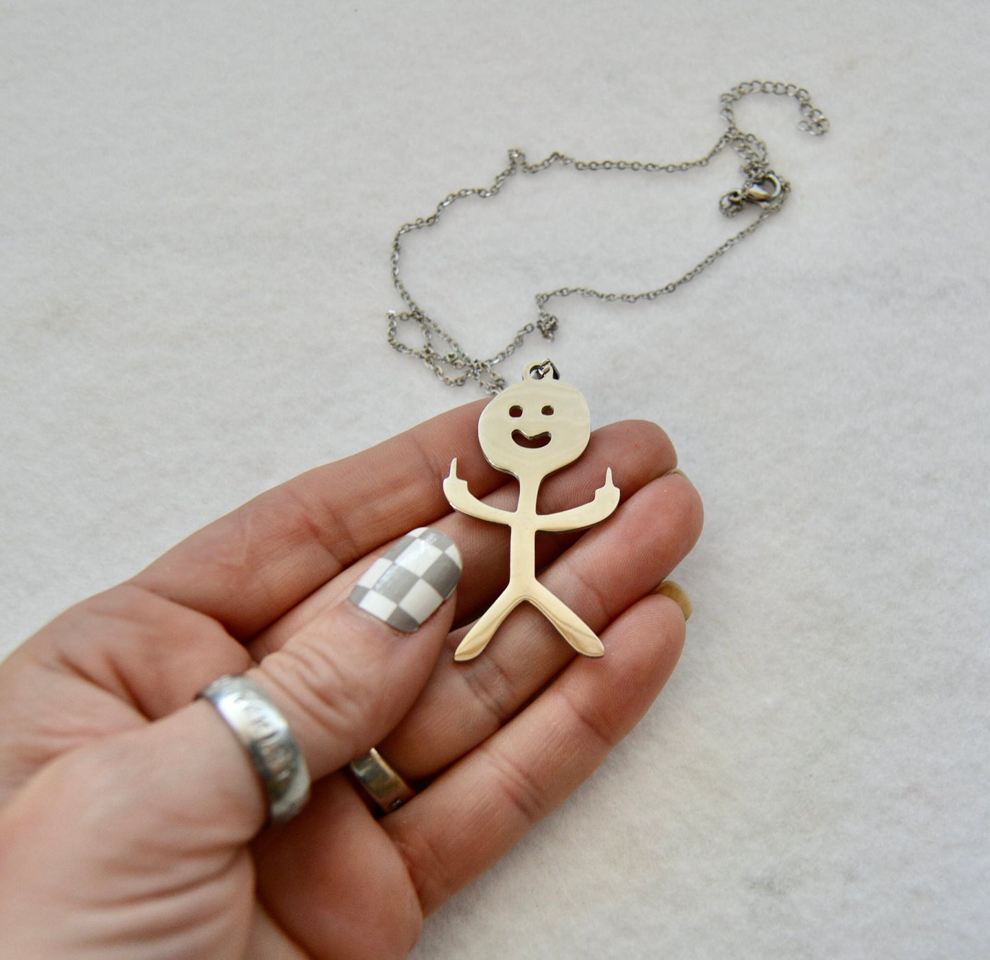 Middle finger stick figure, earrings or necklace, flip the bird, f you, silver, unique and funny, sold separately, gift, white elephant