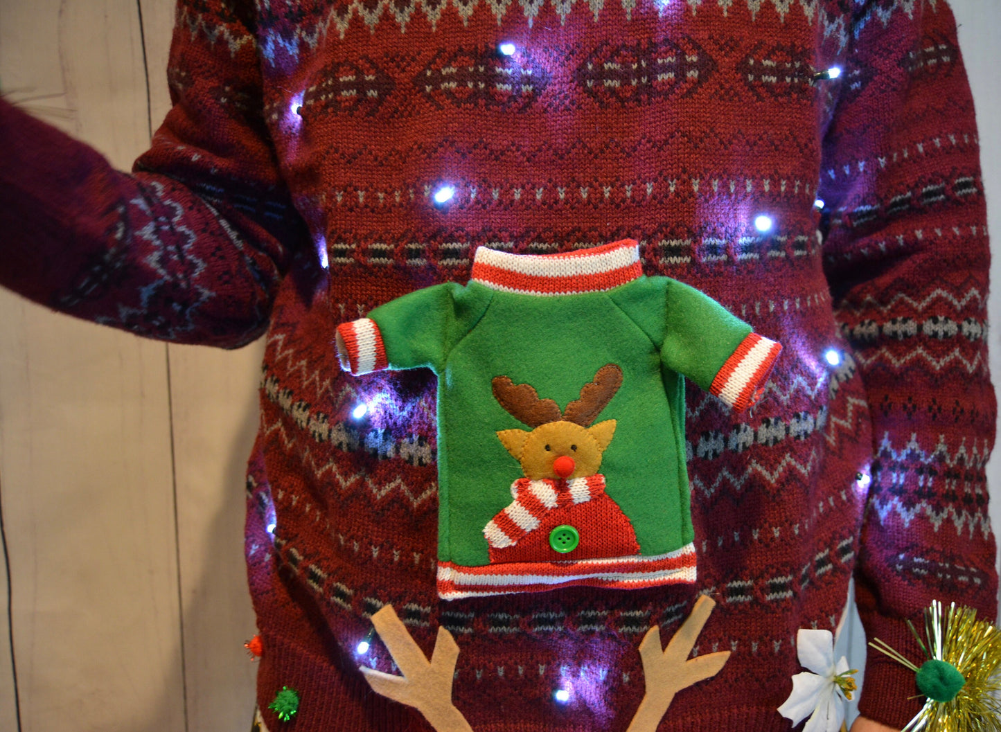 Mens Ugly Christmas Sweater, Liquor Beer Holder Party Pocket, XL, L