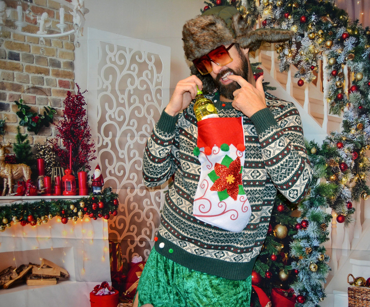 Multi size, Ugly Christmas Sweater, Mens, wine holder stocking, Liquor or Beer holder, party, alcohol, party pocket