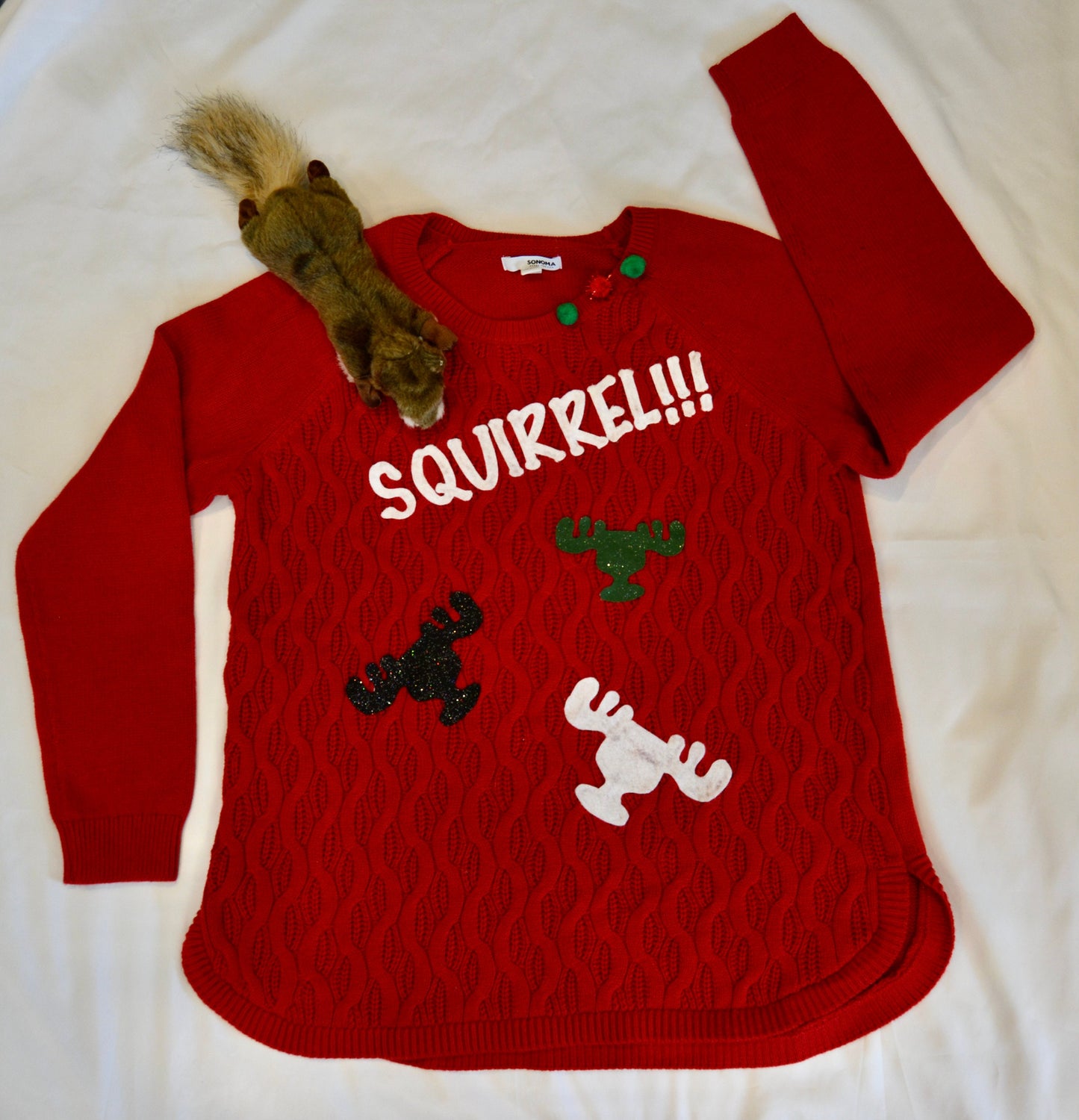 Ugly Christmas Sweater, Squirrel, Clark Griswold, National Lampoons Christmas vacation inspired, women's, stuffed squirrel, multi size