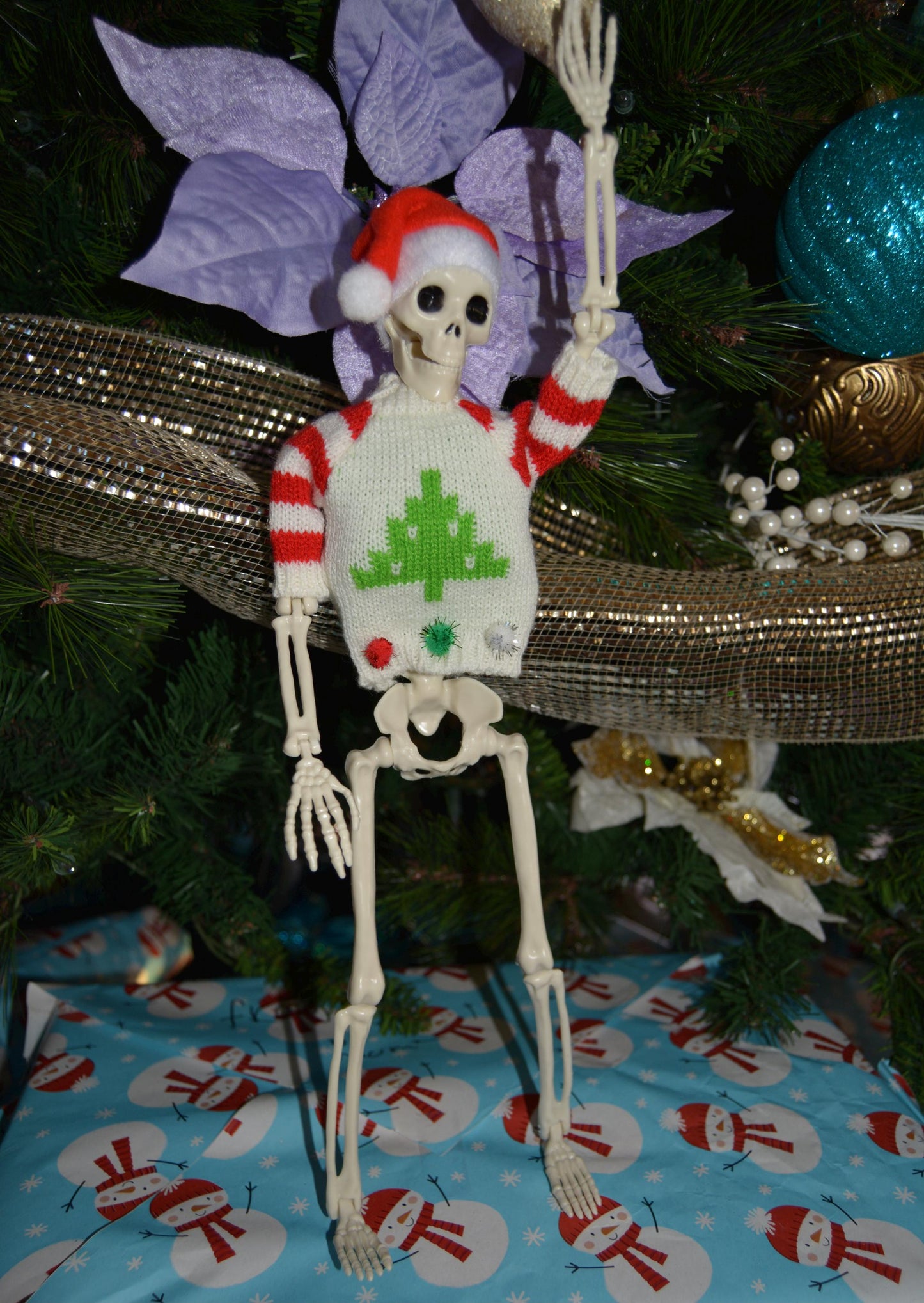 Posable Christmas Skeleton, dead elf on the shelf, Santa Hat, Ugly Sweater, 16 Inch