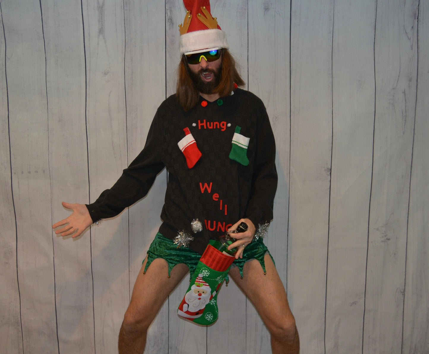 Large, Ugly Christmas Sweater, men's, Hung, well hung, wine holder stocking, naughty, Contest winner, xmas sweater, funny, jumper