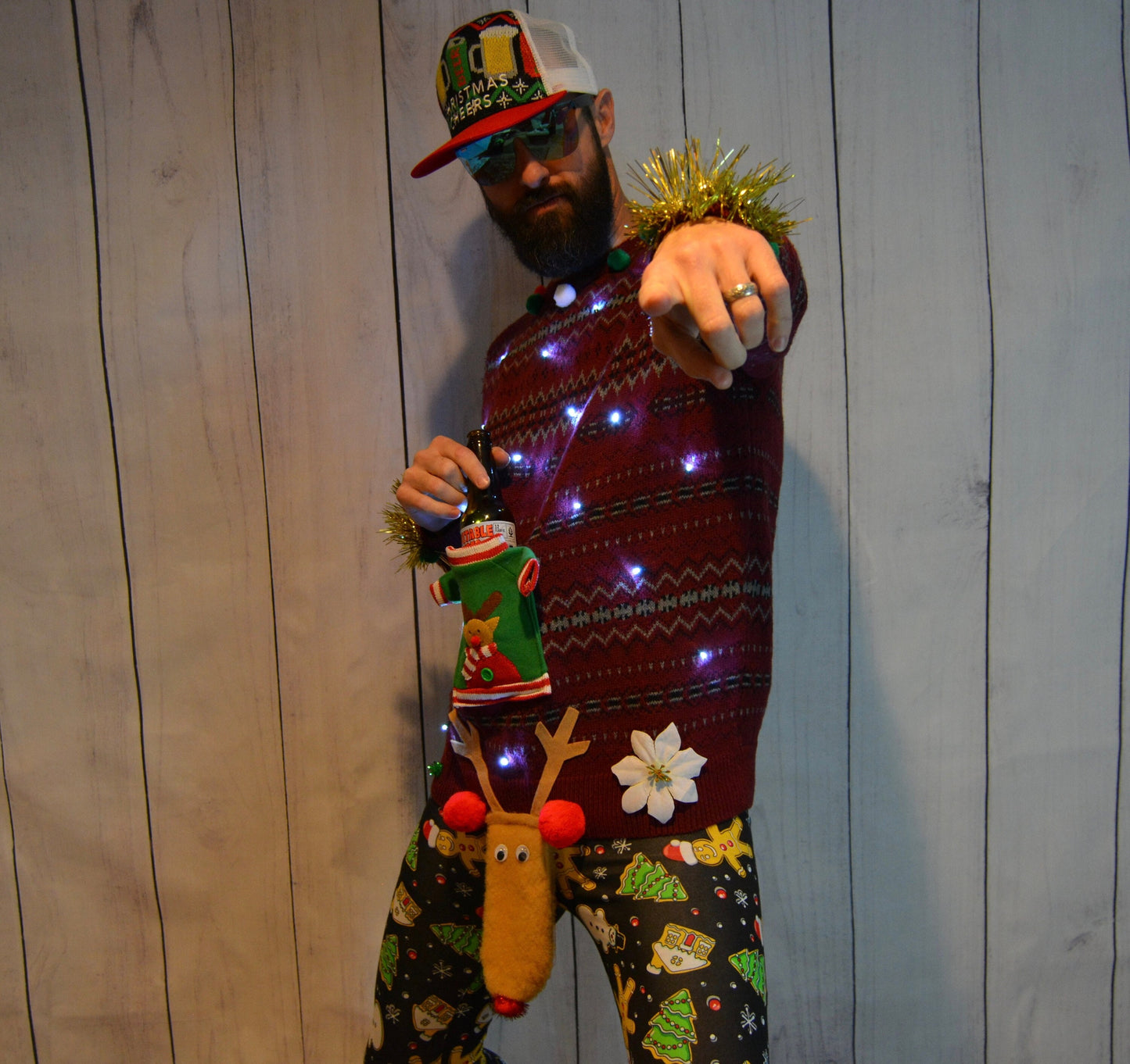 Mens Ugly Christmas Sweater, Liquor Beer Holder Party Pocket, XL, L