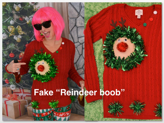Ugly Christmas Sweater, fake boob, reindeer boob, breast, jumper, reindeer breast, merry titmas, contest winner, sexy, version of this