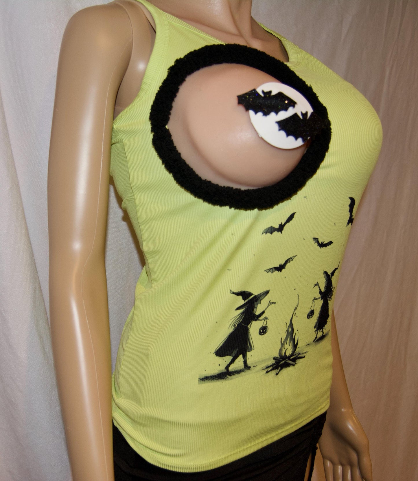 Sexy halloween costume, top only, made for your breasts NOT INSERTS,  see details, boob hole, cut out, witches, boob out, bats, tank top