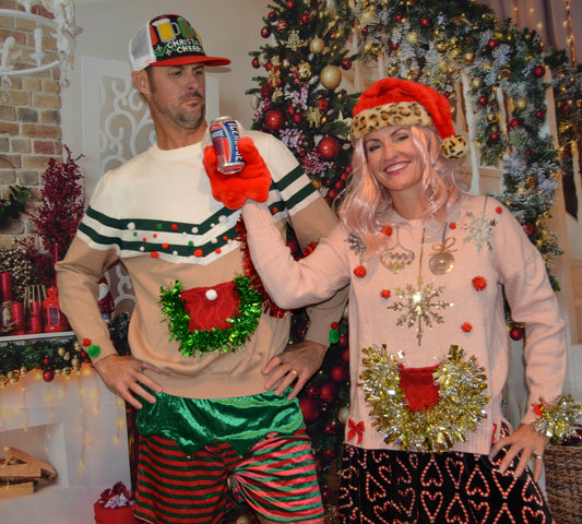 M/L Ugly Christmas Sweater, liquor pocket, hand puppet, flask holder, Party Sweater, men's, alcohol, beer holder, contest winner