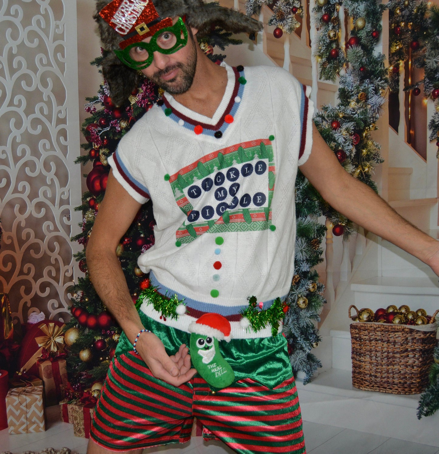 Ugly Christmas sweater men, vest, Tickle my pickle, large and 2x men, Christmas pickle, party sweater, naughty, funny, dirty, contest winner