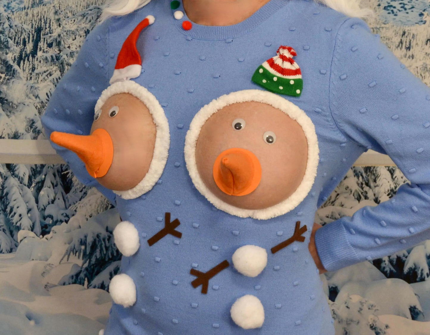 Snowman boobs, Sexy Ugly Christmas Sweater, They are NOT PLASTIC boobs, boob, breast, jumper, cut out, snowman nipple, halloween costume