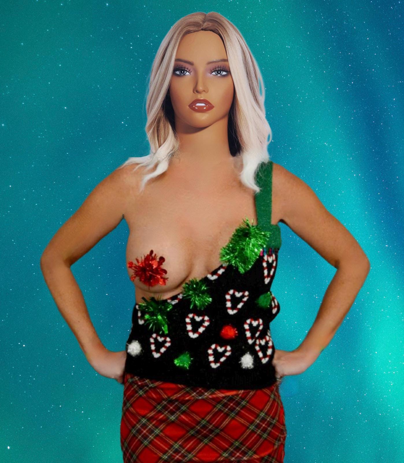 Sexy Ugly Christmas Sweater, boob out, off shoulder, see details, boob, breast, jumper, NOT A PLASTIC boob, naughty, tinsel tits, jumper