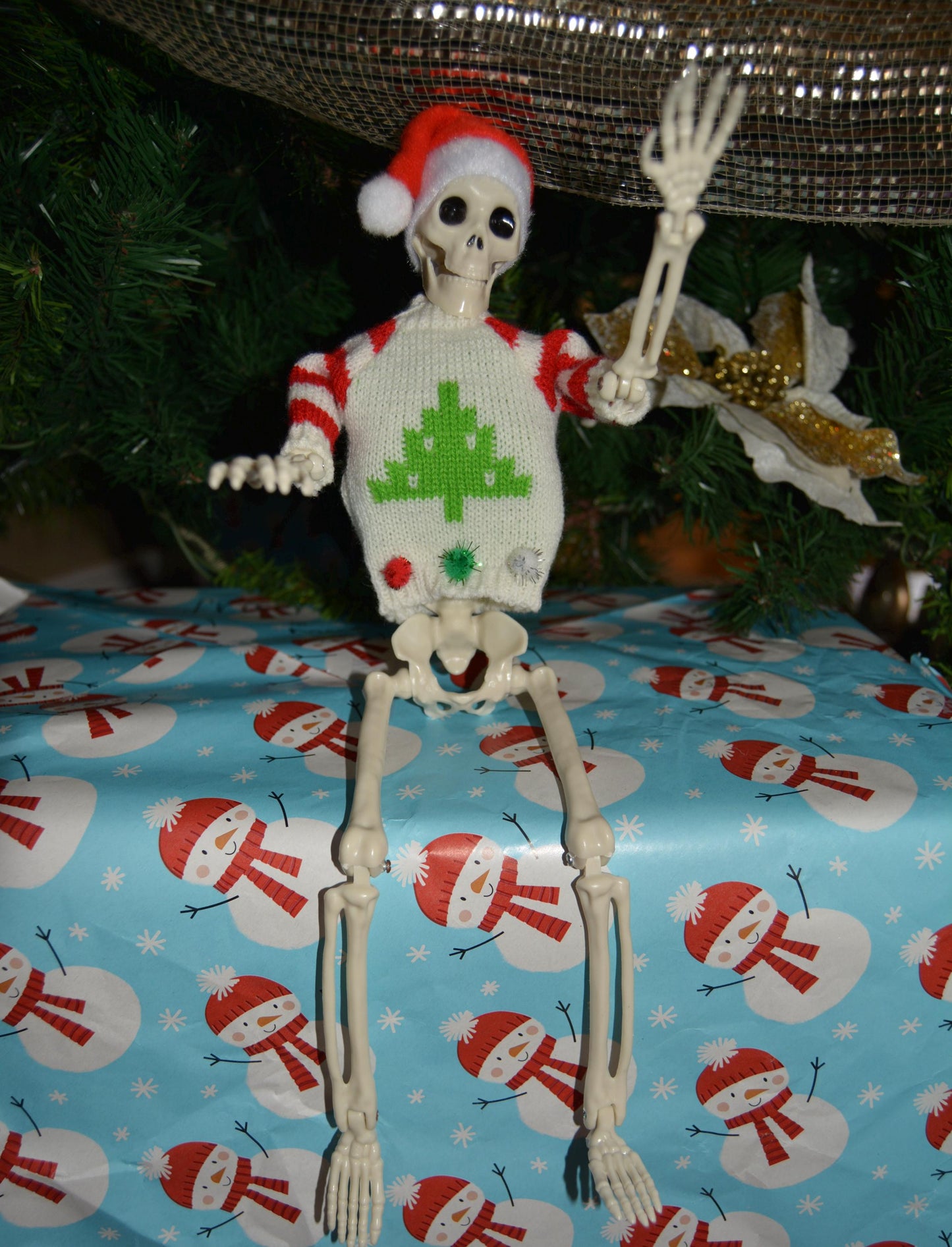 Posable Christmas Skeleton, dead elf on the shelf, Santa Hat, Ugly Sweater, 16 Inch