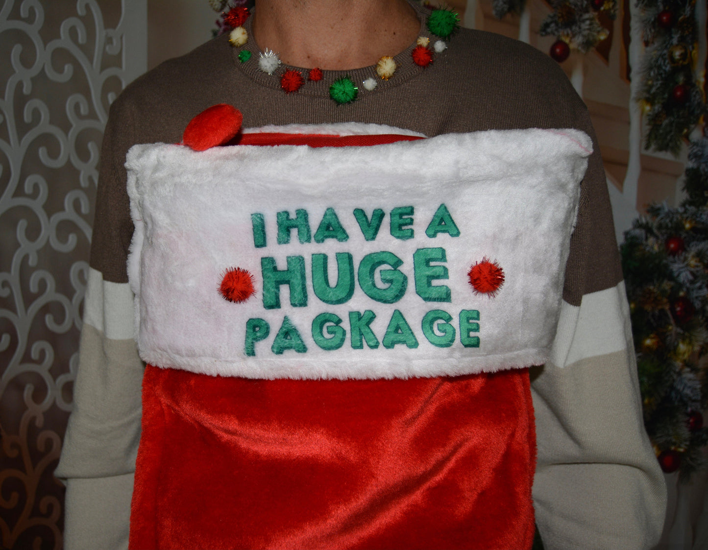 XL, Ugly Christmas Sweater, I have a huge package, Wine Holder stocking, men, naughty, liquor holder, dirty, xmas, jumper, huge stocking