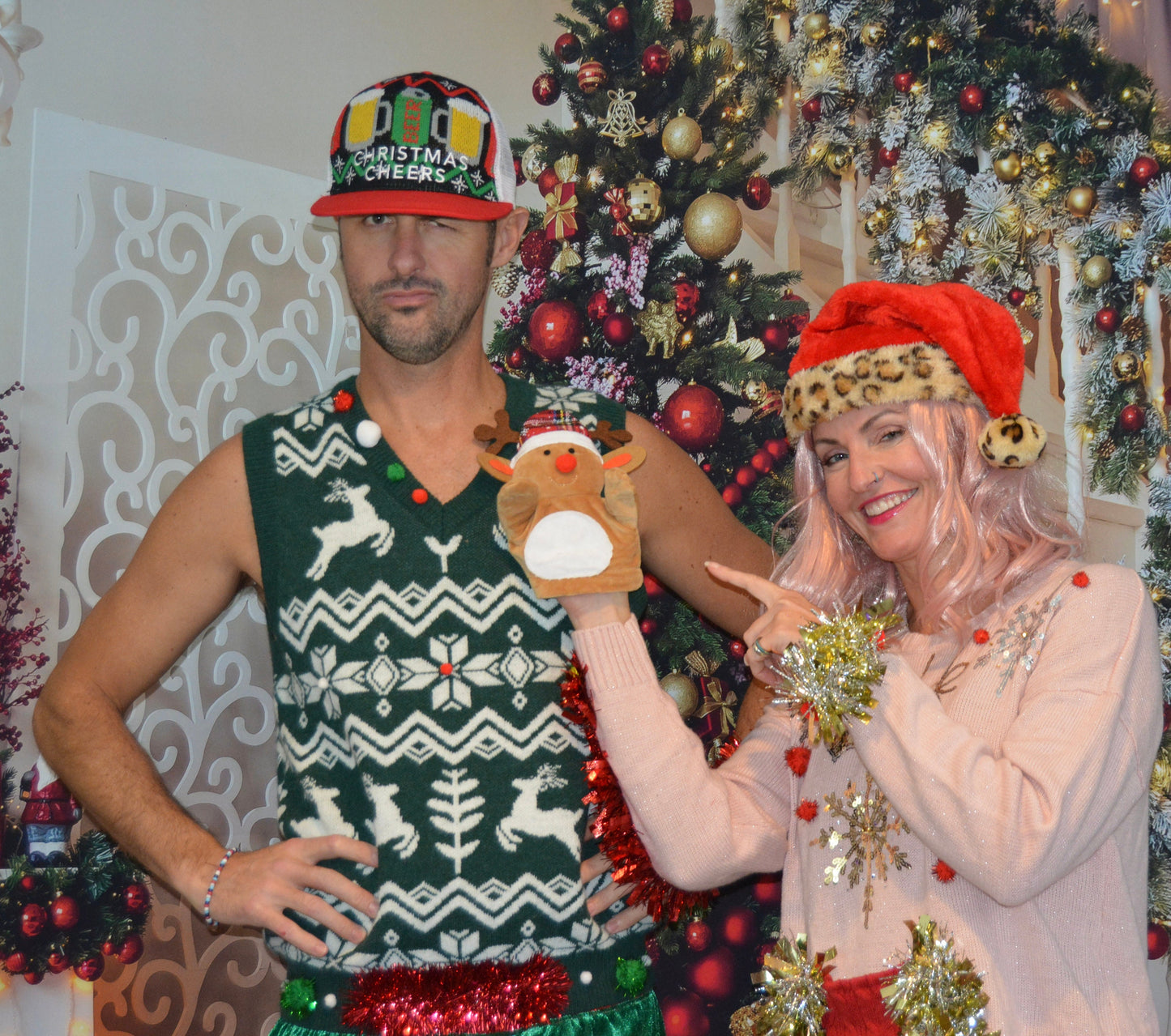 Mens Ugly Christmas Sweater vest, multi size, hand puppet, funny and unique, Party Sweater, men's, reindeer